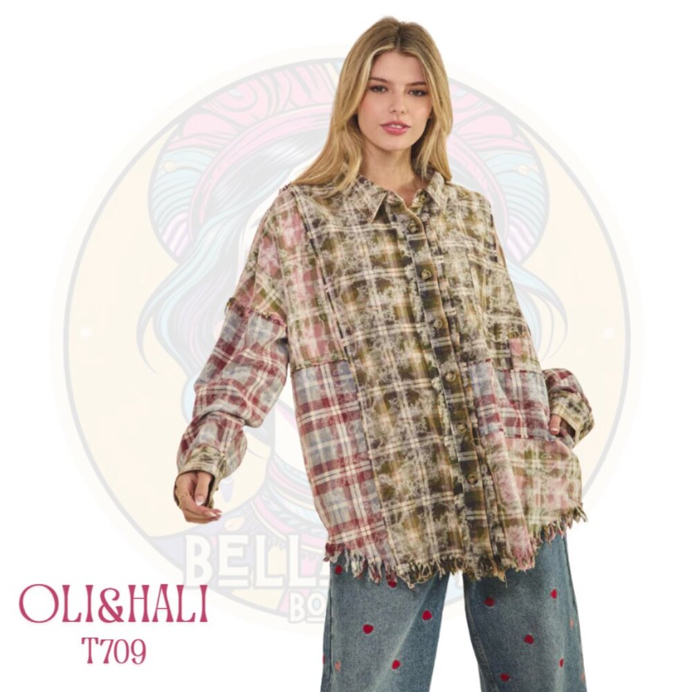T709 OLI & HALI Olive Pink Plaid Cotton Button Up Frayed Hem Shirt